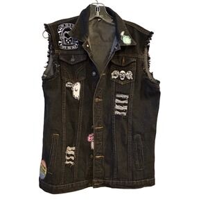 Nasky Mens Black Denim Vest Patches Ripped Distressed Punk Goth Edgy Size S